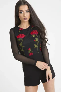 Rebellious Fashion Black Mesh Rose Embroidered Playsuit - Mia