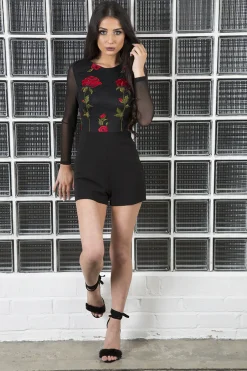 Rebellious Fashion Black Mesh Rose Embroidered Playsuit - Mia