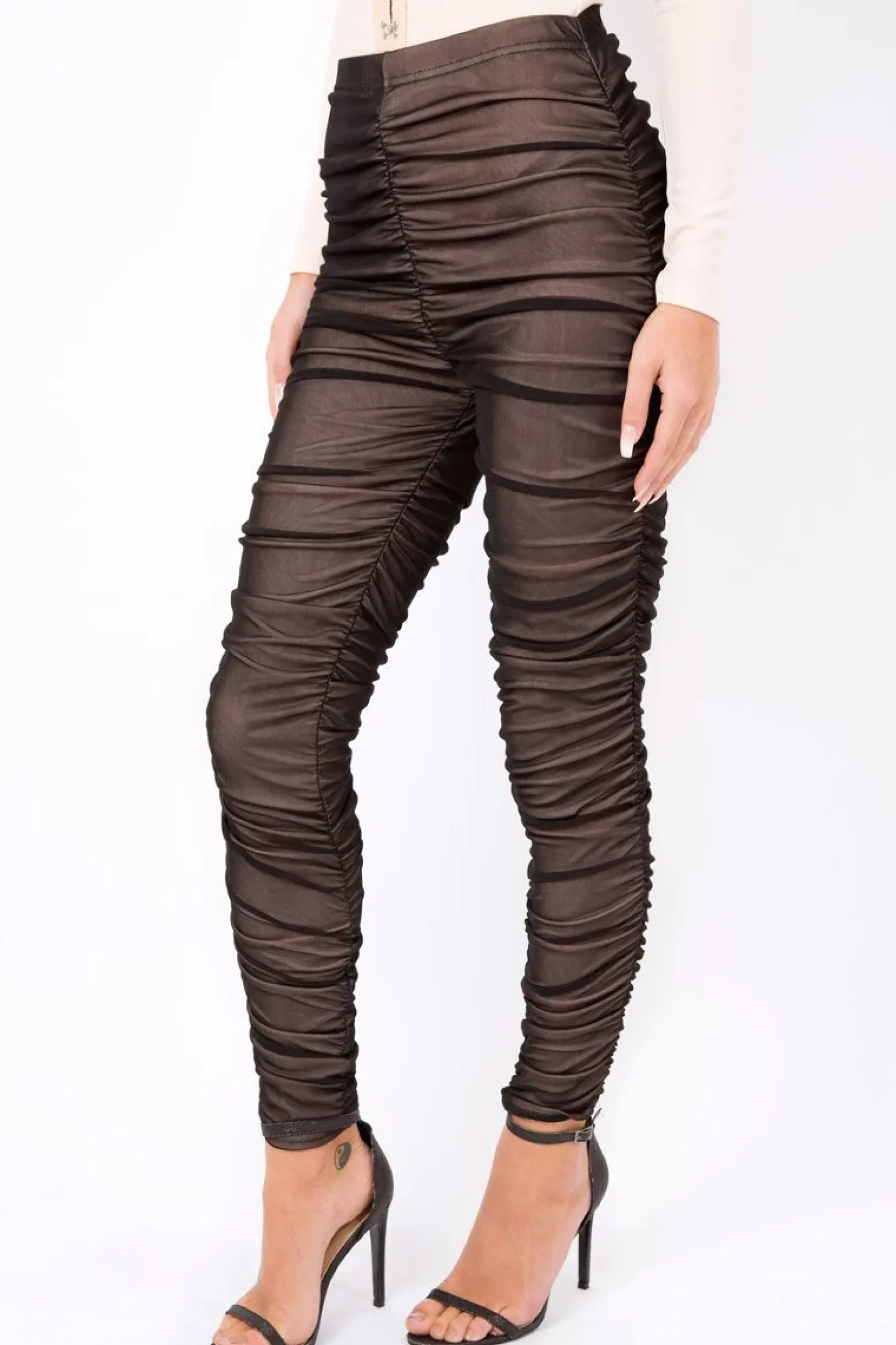 Rebellious Fashion Black Mesh Ruched Leggings - Jaylene