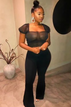 Rebellious Fashion Black Mesh Ruched Puff Sleeve Crop Top - Evy