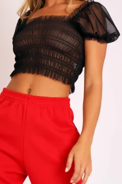 Rebellious Fashion Black Mesh Ruched Puff Sleeve Crop Top - Evy