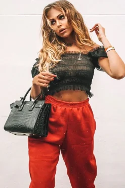 Rebellious Fashion Black Mesh Ruched Puff Sleeve Crop Top - Evy