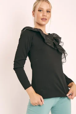 Rebellious Fashion Black Mesh Ruffle Front Long Sleeve Top - Kristen