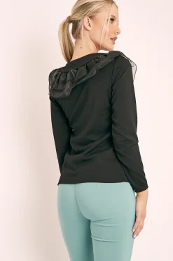 Rebellious Fashion Black Mesh Ruffle Front Long Sleeve Top - Kristen
