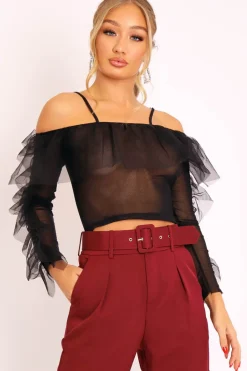 Rebellious Fashion Black Mesh Ruffle Sleeve Bardot Crop Top - Amber