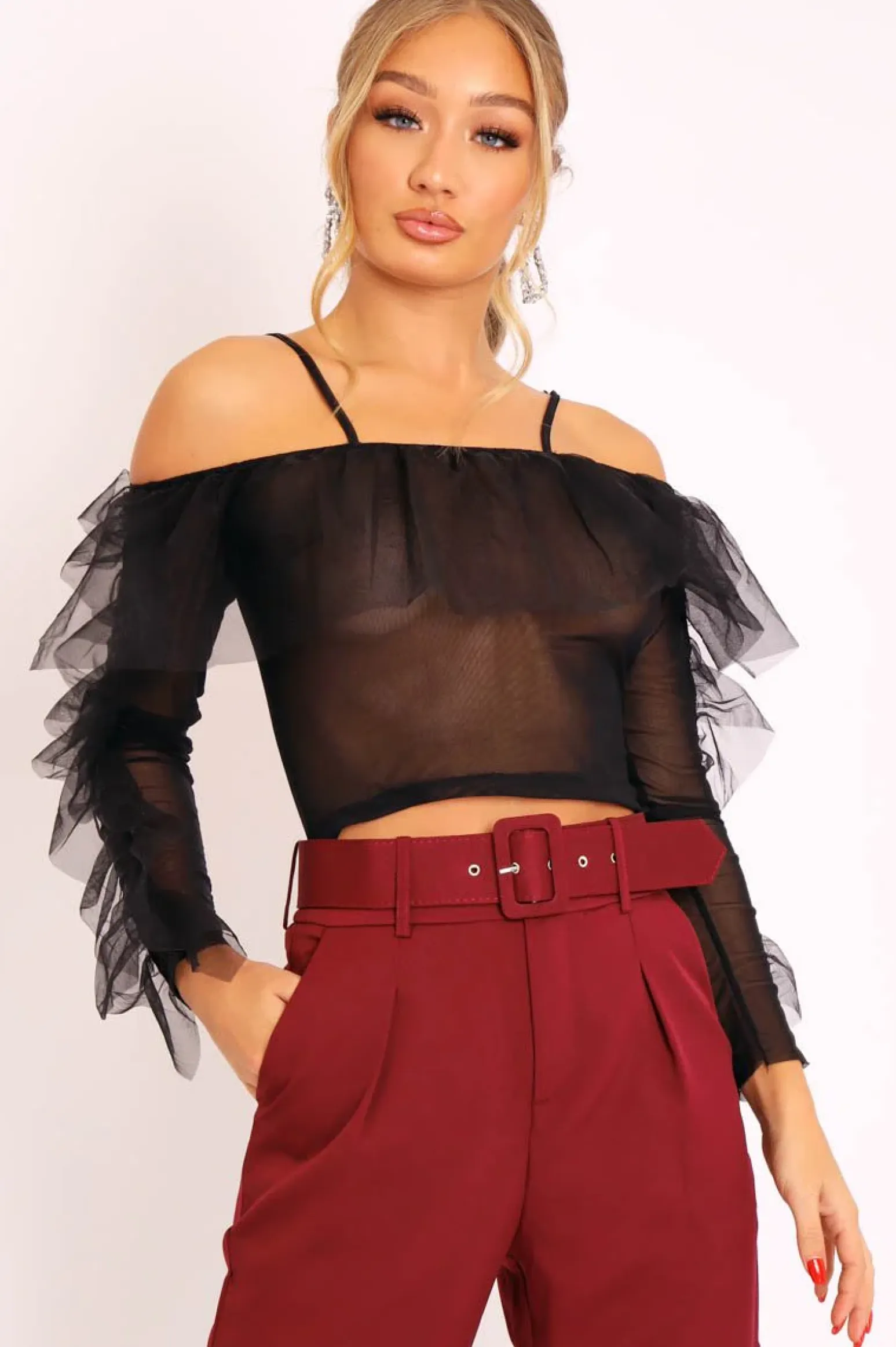Rebellious Fashion Black Mesh Ruffle Sleeve Bardot Crop Top - Amber