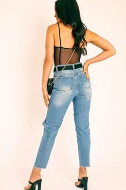 Rebellious Fashion Black Mesh Seam Detail Bodysuit - Naara
