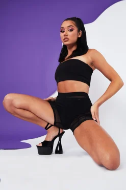 Rebellious Fashion Black Mesh Seam Detail Shorts - Micaela