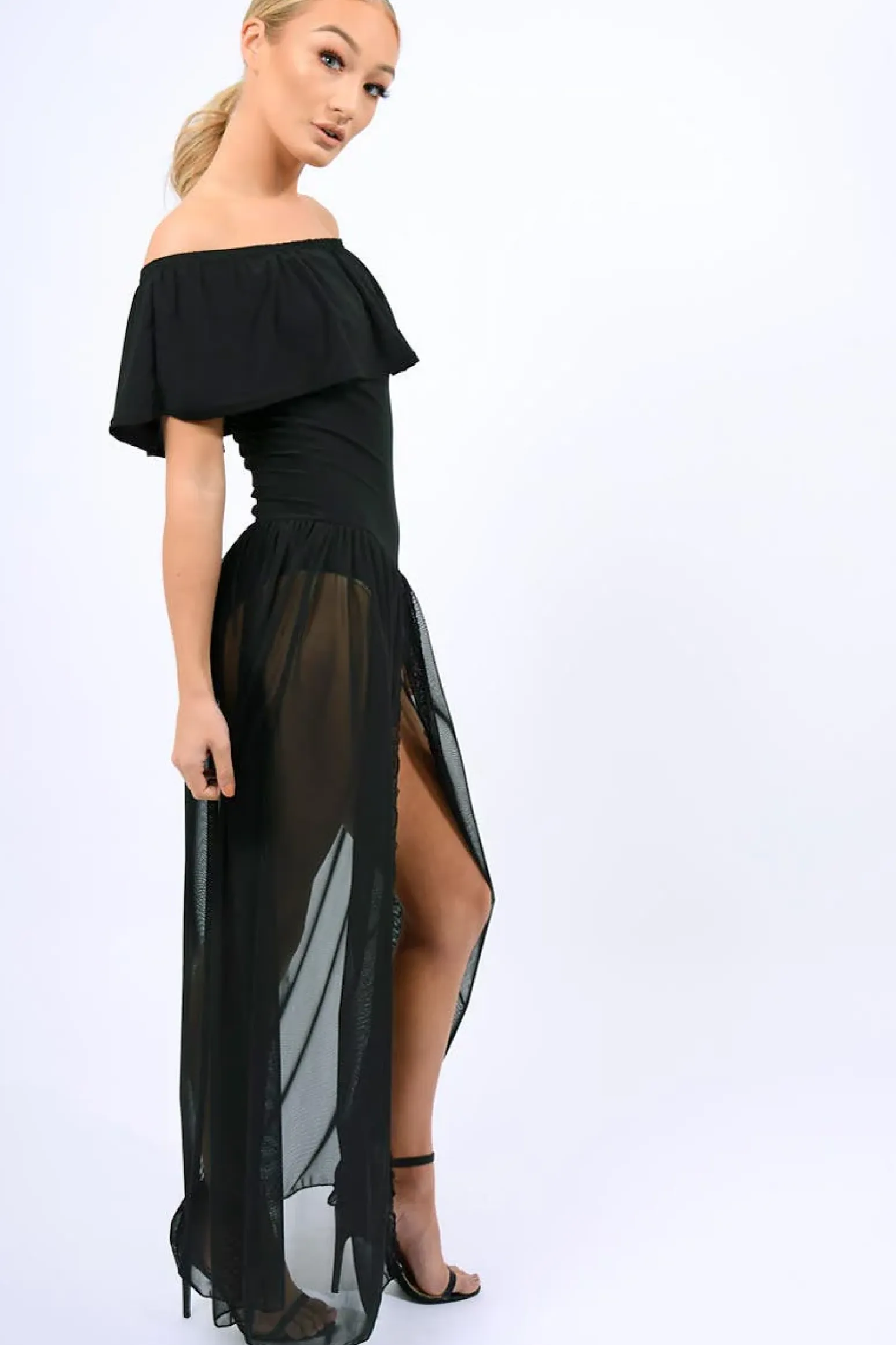 Rebellious Fashion Black Mesh Skirt With bardot Bodysuit - Stassie