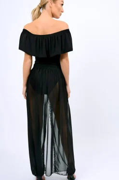 Rebellious Fashion Black Mesh Skirt With bardot Bodysuit - Stassie