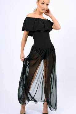 Rebellious Fashion Black Mesh Skirt With bardot Bodysuit - Stassie