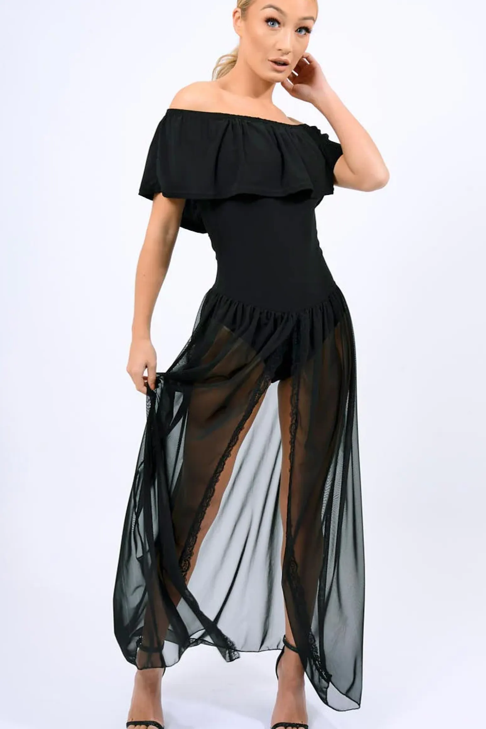 Rebellious Fashion Black Mesh Skirt With bardot Bodysuit - Stassie