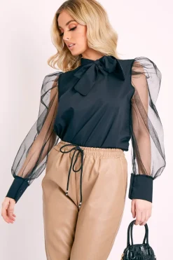 Rebellious Fashion Black Mesh Sleeve Bow Neck Blouse - Adelin