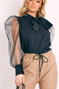Rebellious Fashion Black Mesh Sleeve Bow Neck Blouse - Adelin