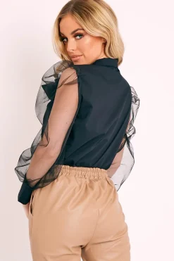 Rebellious Fashion Black Mesh Sleeve Bow Neck Blouse - Adelin