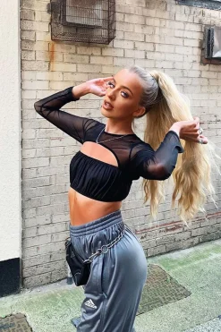Rebellious Fashion Black Mesh Sleeve Cut Out Tie Back Crop Top - Layna
