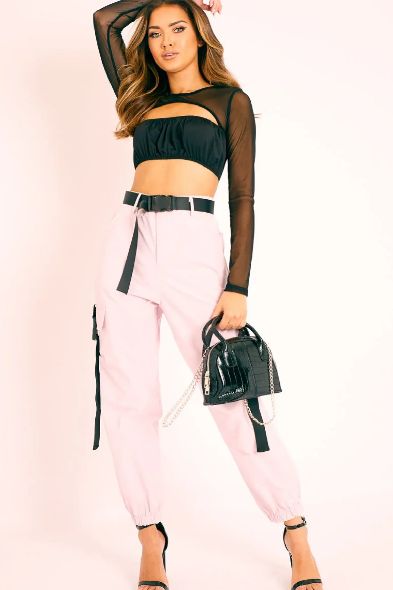 Rebellious Fashion Black Mesh Sleeve Cut Out Tie Back Crop Top - Layna