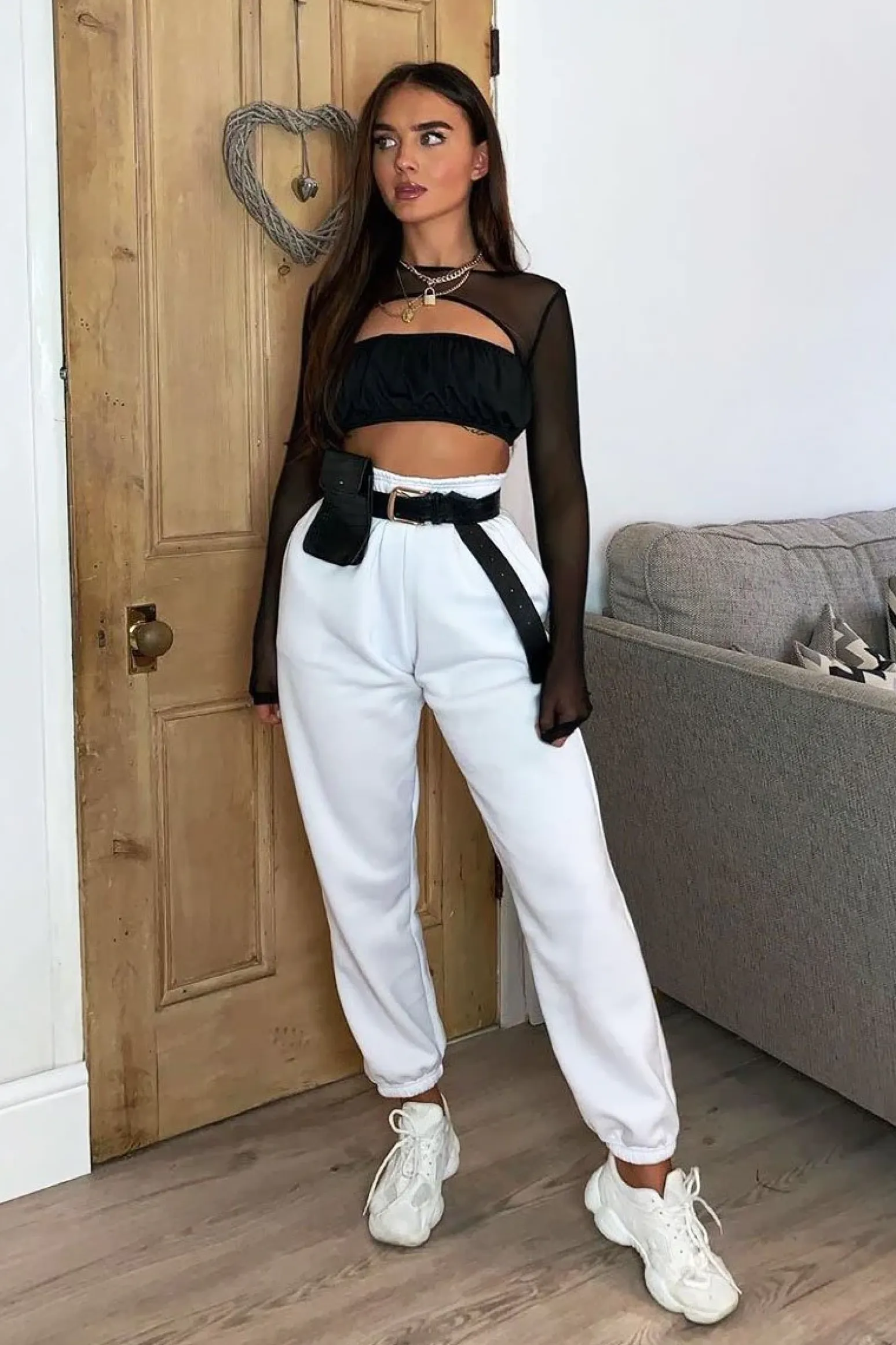 Rebellious Fashion Black Mesh Sleeve Cut Out Tie Back Crop Top - Layna