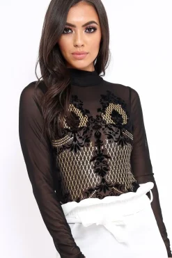 Rebellious Fashion Black Mesh Velvet Applique Gold Stud Bodysuit - Jordanna