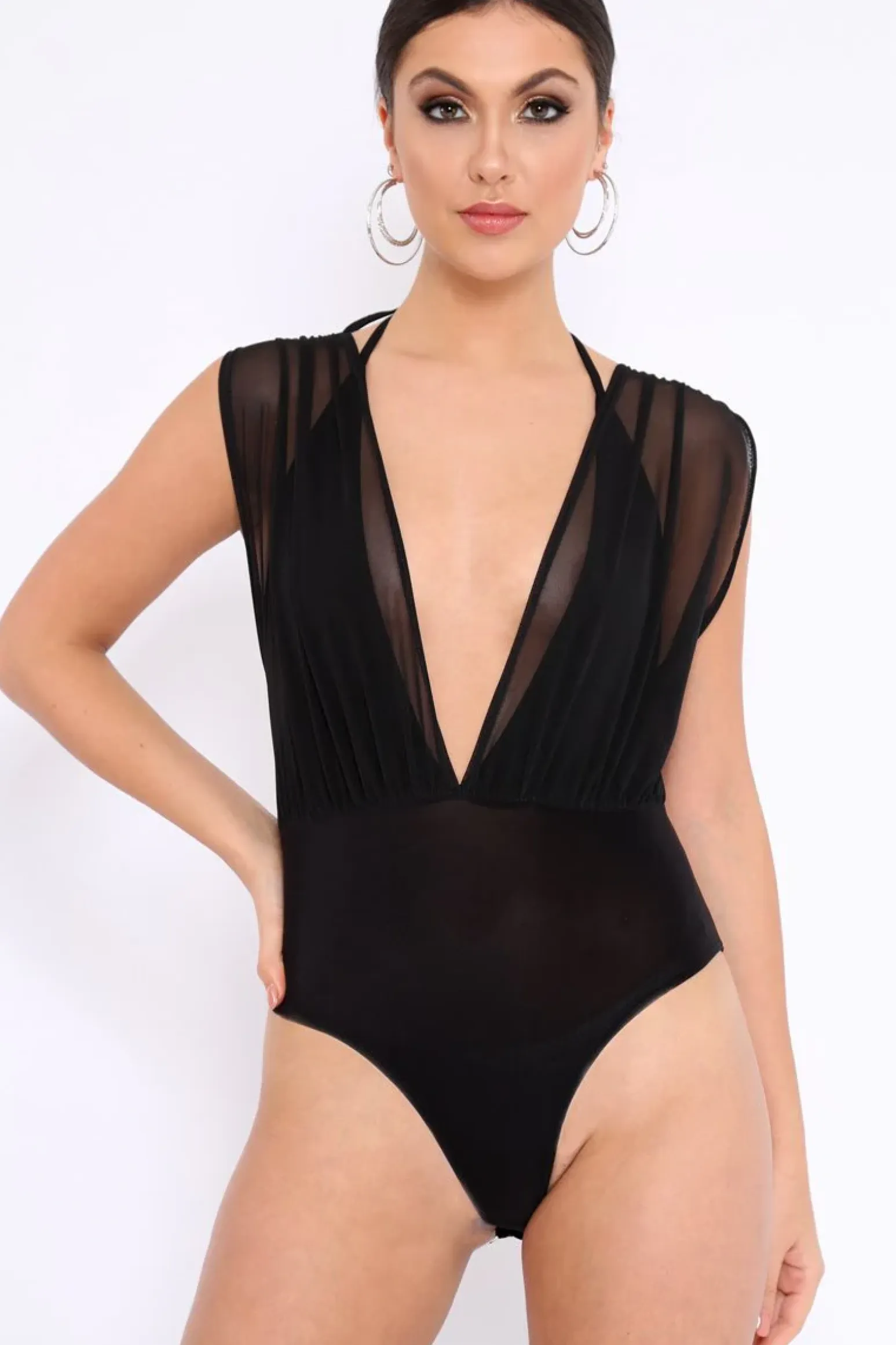 Rebellious Fashion Black Mesh V-Plunge Bodysuit - Malie