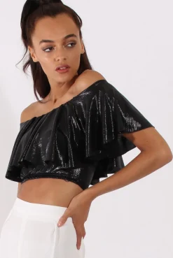Rebellious Fashion Black Metallic Bardot Frill Crop Top - Ariana