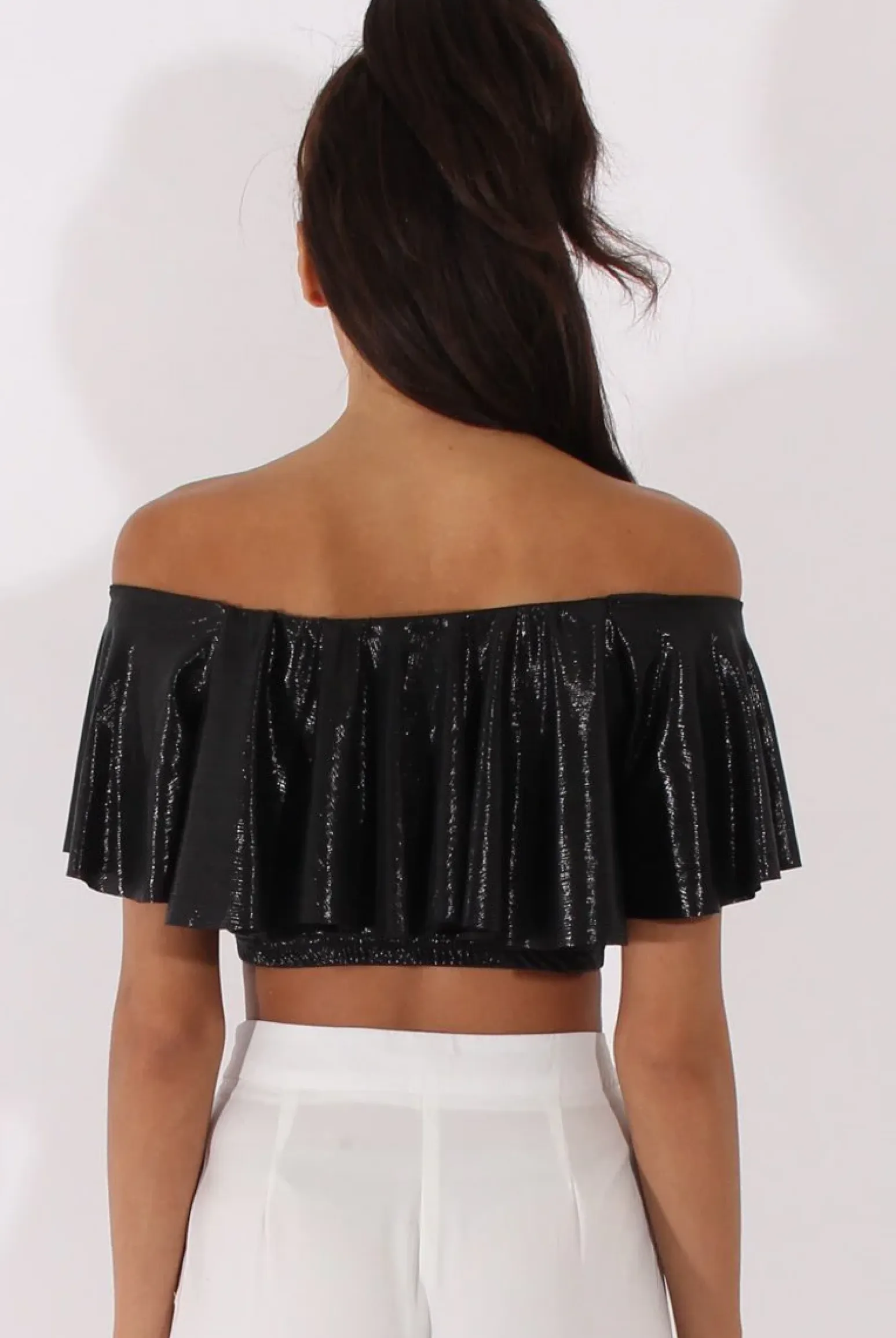 Rebellious Fashion Black Metallic Bardot Frill Crop Top - Ariana