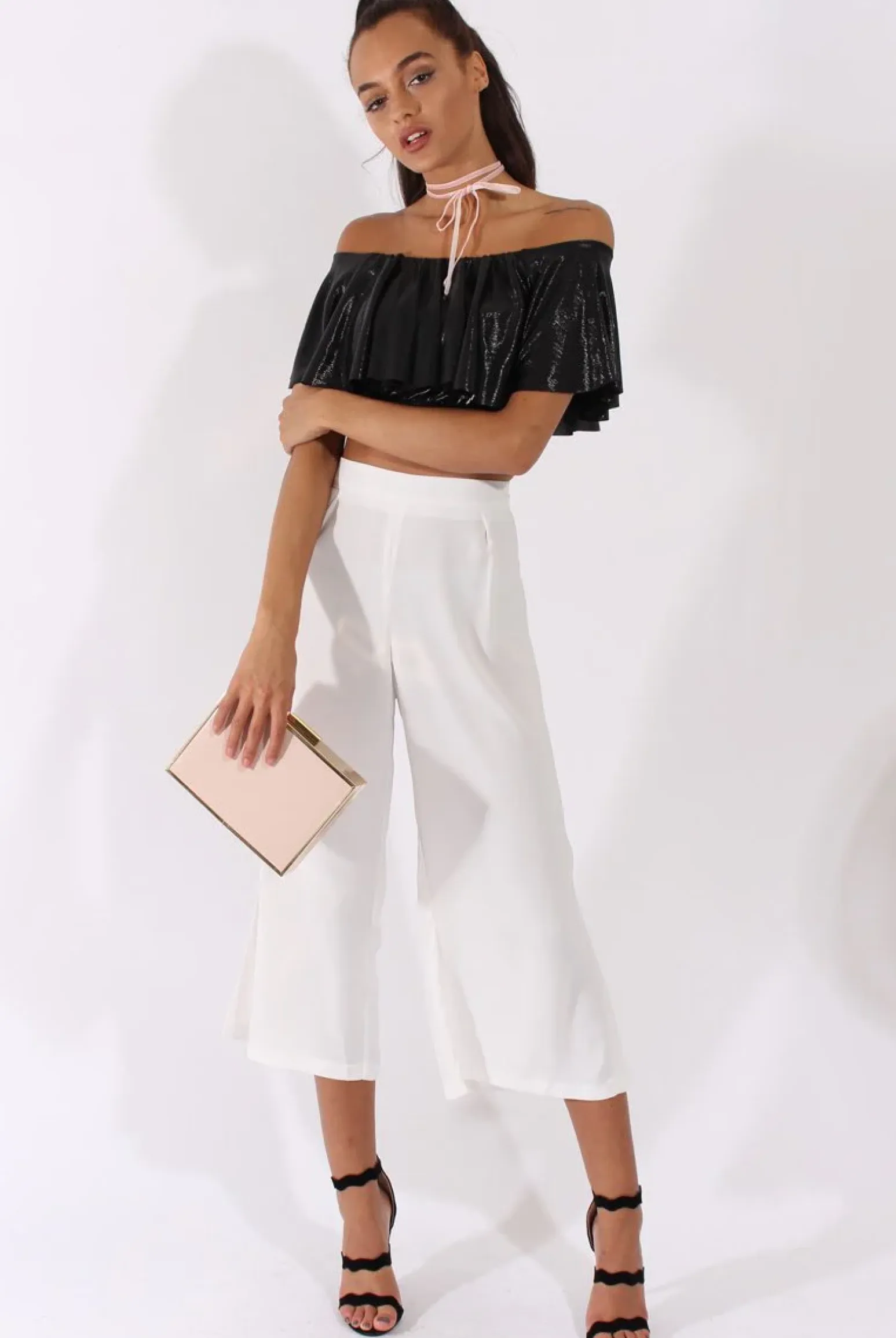 Rebellious Fashion Black Metallic Bardot Frill Crop Top - Ariana