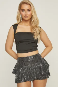 Rebellious Fashion Black Metallic Frill Detail Skort - Colleen