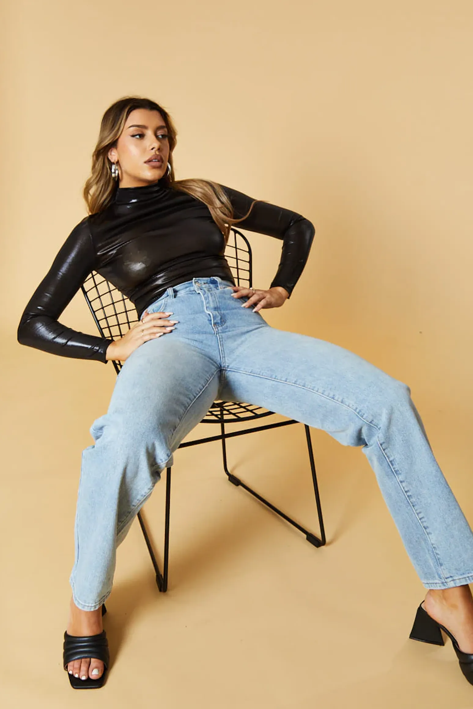 Rebellious Fashion Black Metallic High Neck Long sleeve Top - Maho