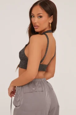 Rebellious Fashion Black Metallic Knit Backless Top - Adelle
