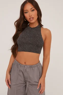 Rebellious Fashion Black Metallic Knit Backless Top - Adelle