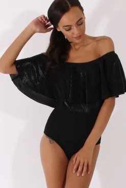 Rebellious Fashion Black Metallic Pleated Bardot Bodysuit - Aubree