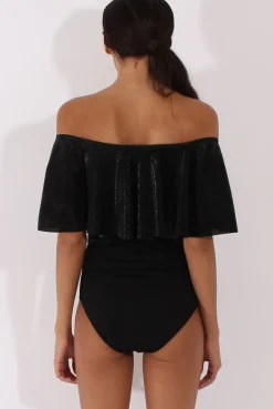 Rebellious Fashion Black Metallic Pleated Bardot Bodysuit - Aubree