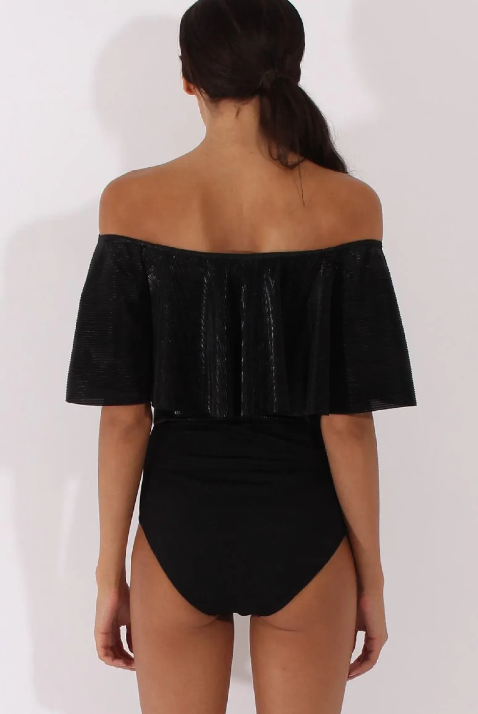 Rebellious Fashion Black Metallic Pleated Bardot Bodysuit - Aubree