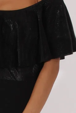 Rebellious Fashion Black Metallic Pleated Bardot Bodysuit - Aubree