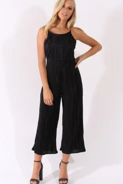 Rebellious Fashion Black Metallic Pleated Cropped Jumpsuit - Arabella