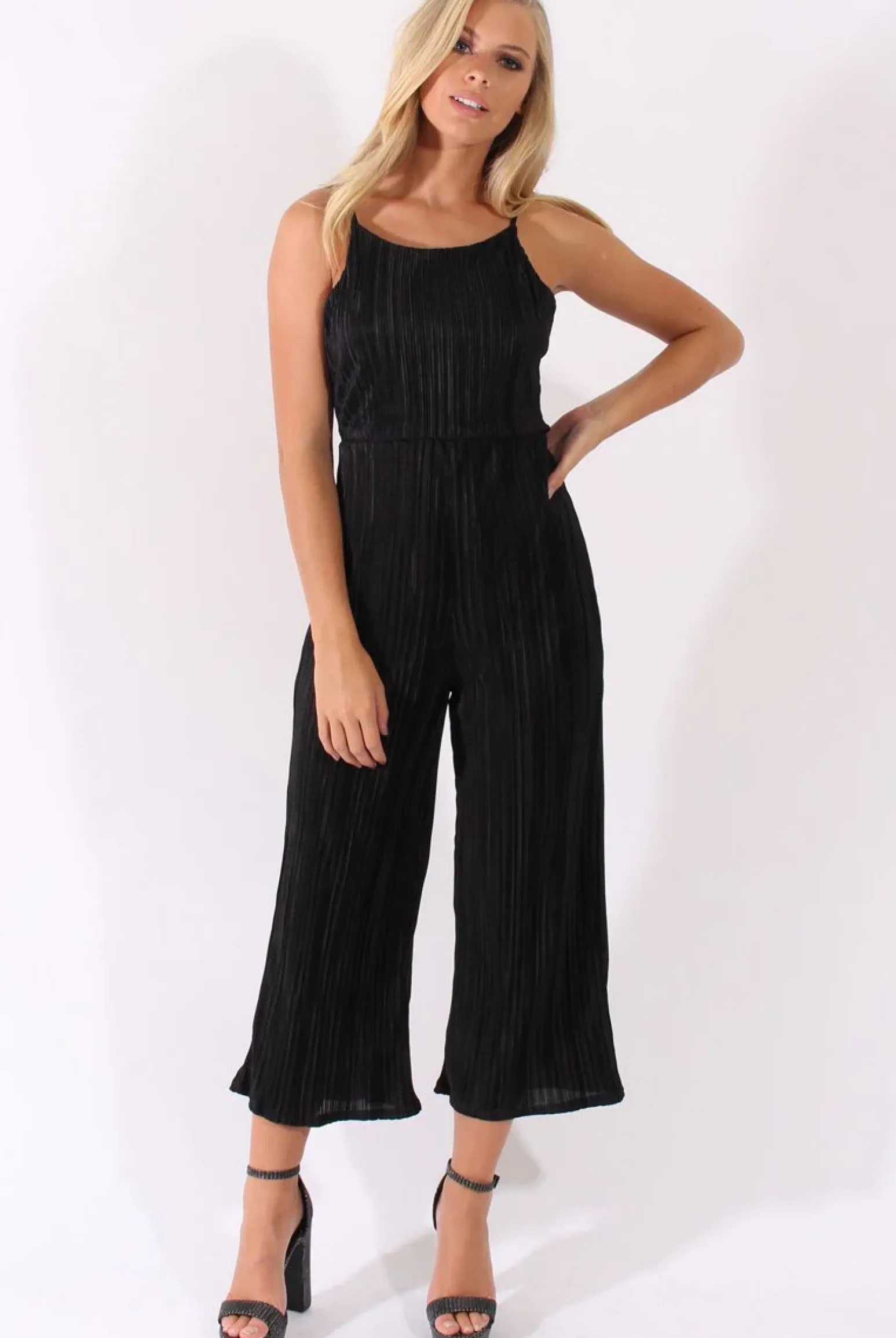 Rebellious Fashion Black Metallic Pleated Cropped Jumpsuit - Arabella