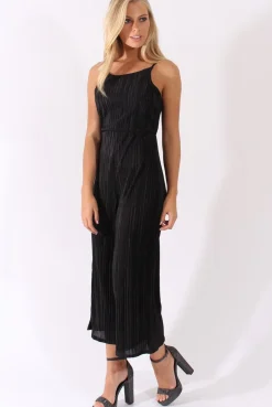 Rebellious Fashion Black Metallic Pleated Cropped Jumpsuit - Arabella