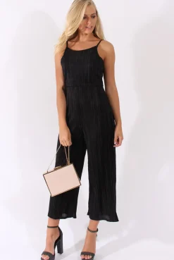 Rebellious Fashion Black Metallic Pleated Cropped Jumpsuit - Arabella