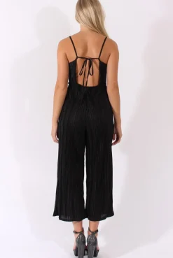 Rebellious Fashion Black Metallic Pleated Cropped Jumpsuit - Arabella