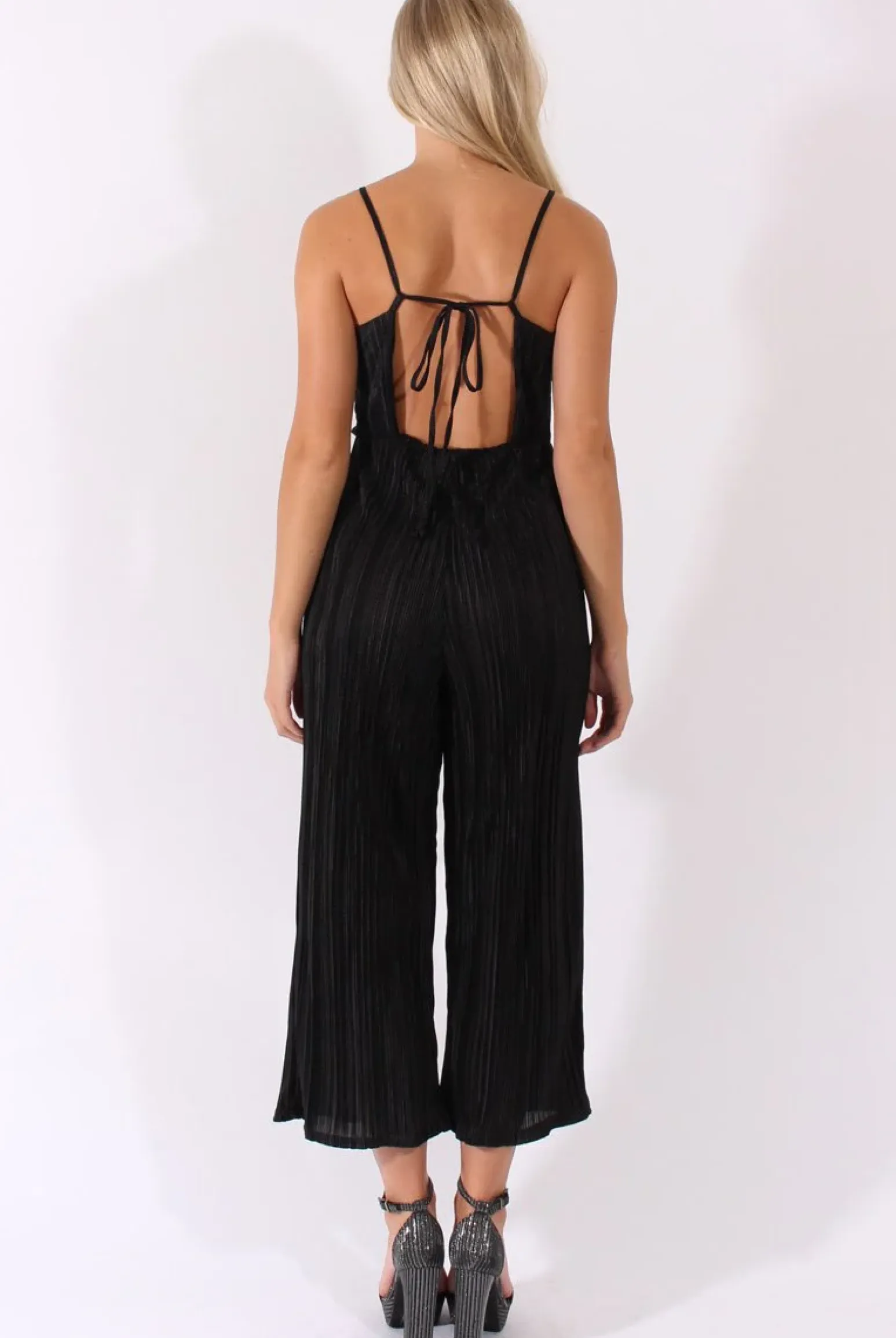 Rebellious Fashion Black Metallic Pleated Cropped Jumpsuit - Arabella