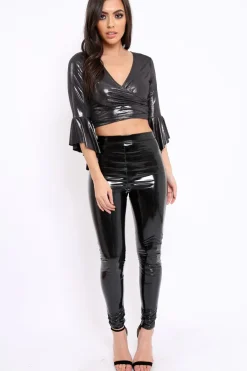 Rebellious Fashion Black Metallic Plunge Bell Sleeve Crop Top - Merla