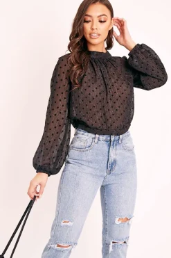 Rebellious Fashion Black Metallic Polka Pleated Front Blouse - Cabella