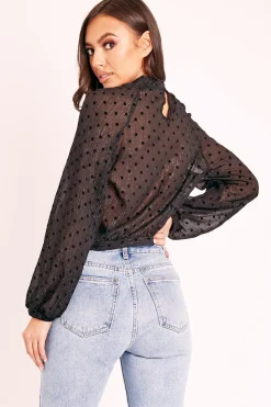 Rebellious Fashion Black Metallic Polka Pleated Front Blouse - Cabella