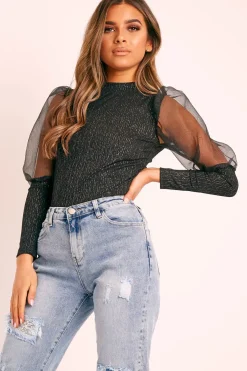Rebellious Fashion Black Metallic Puff Sleeve High Neck Top - Blaike