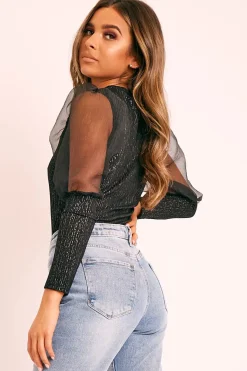 Rebellious Fashion Black Metallic Puff Sleeve High Neck Top - Blaike