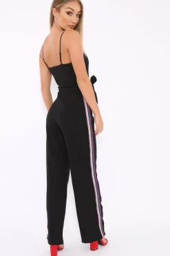Rebellious Fashion Black Metallic Rainbow Stripe Jumpsuit - Jinora