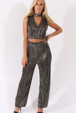 Rebellious Fashion Black Metallic Shimmer Pleated High Waisted Trousers - Phoebe