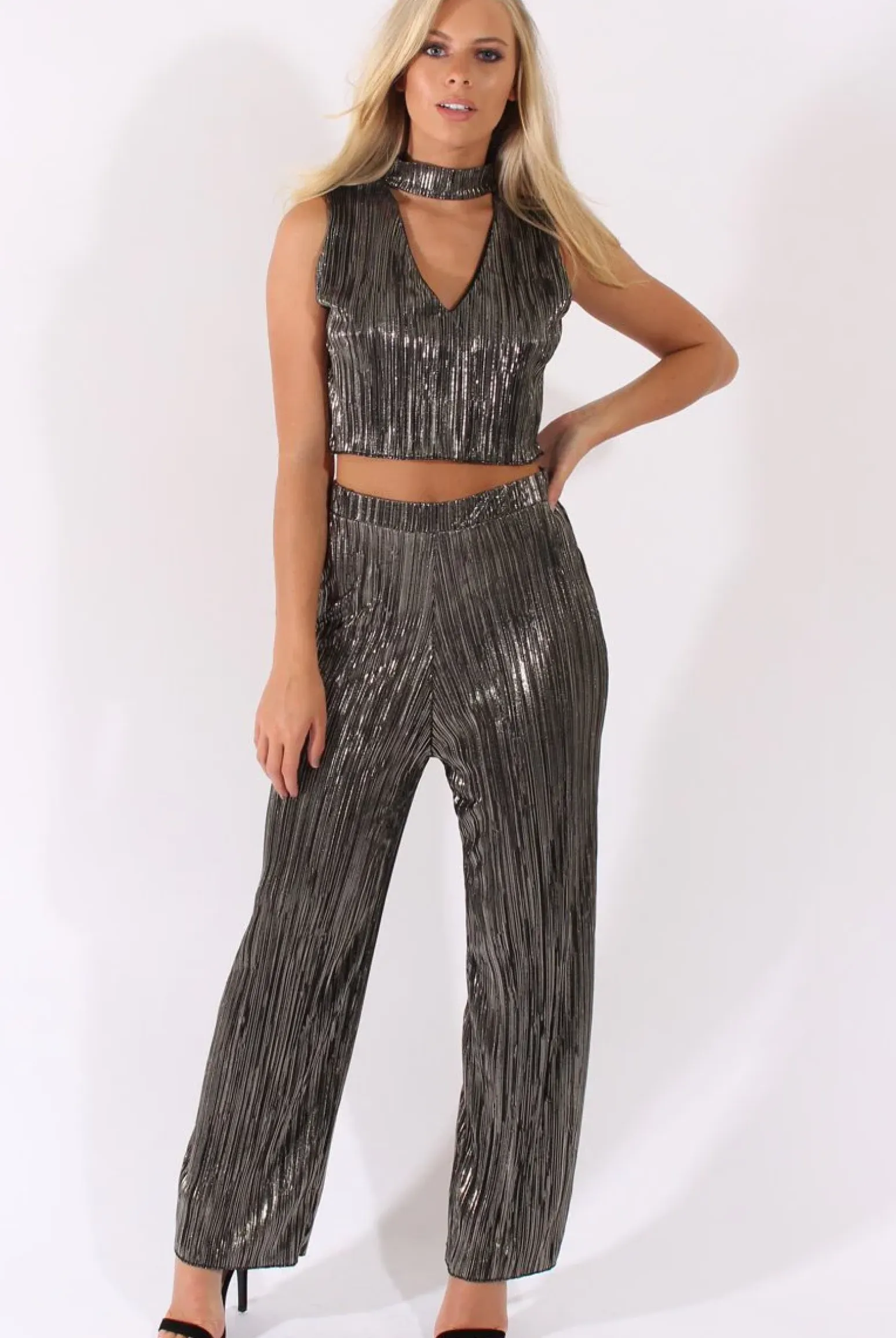 Rebellious Fashion Black Metallic Shimmer Pleated High Waisted Trousers - Phoebe