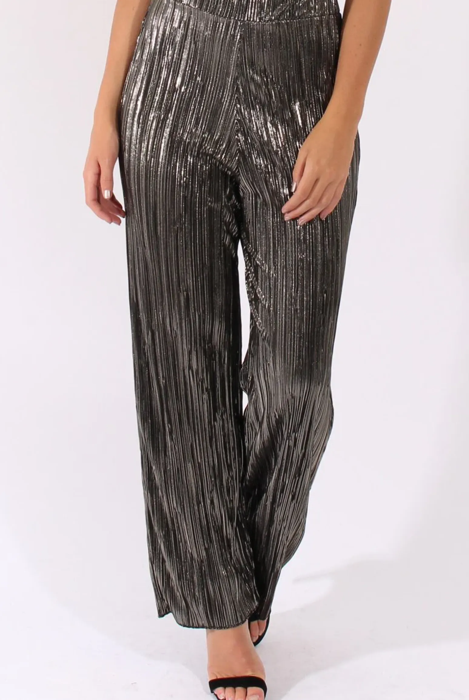 Rebellious Fashion Black Metallic Shimmer Pleated High Waisted Trousers - Phoebe